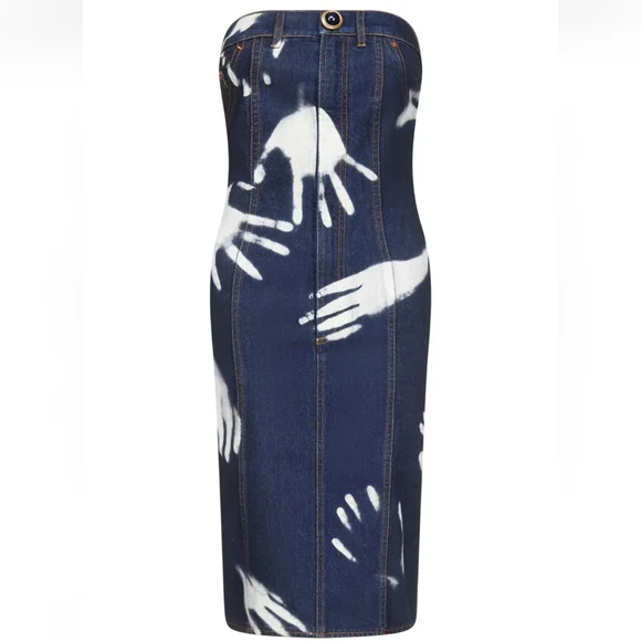 AREA Strapless Denim Dress -Hand Print Indigo Blue - Picture 2 of 10